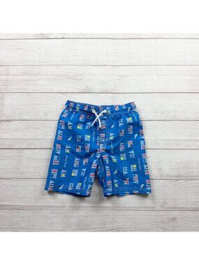 Nautica Boys Blue Swim Trunks Coastal Pattern Elastic Drawstring Mesh Lining 6